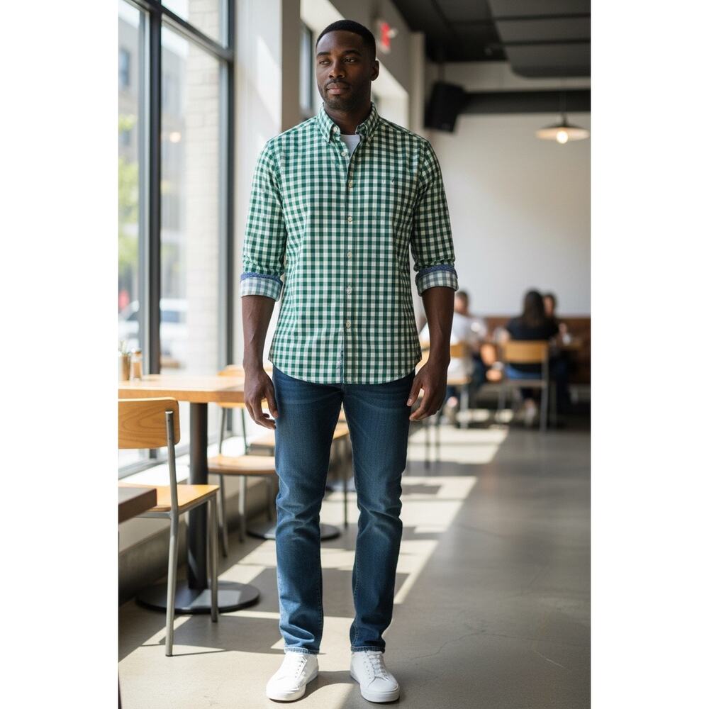Nautica Green White Gingham Button Down Shirt XXL Classic Preppy Casual
